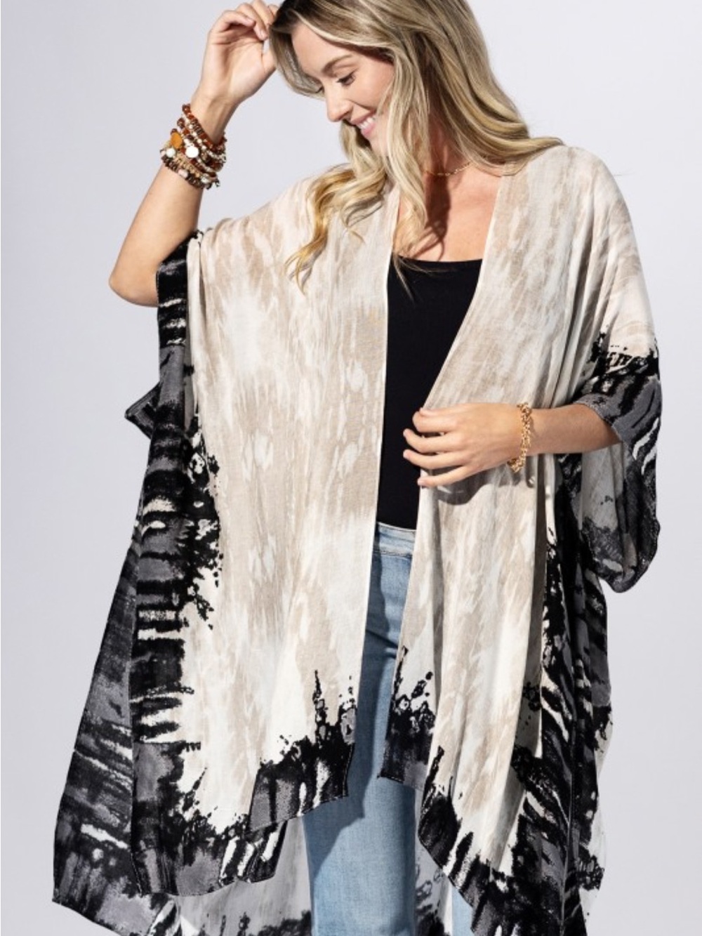 Light Taupe & Black Open Kimono Cardigan NWT, OS